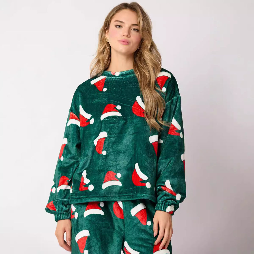 2024 Casual Flanell Pyjamas Set För Dam 2 Delade Söta Långärmade Matchande Lounge Skjortor Set Jultomte Pyjamas Hemkläder
