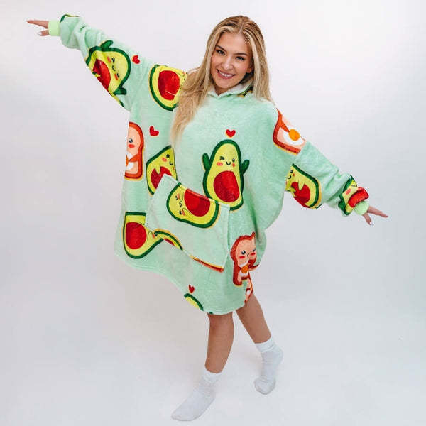 Tecknad Avokado Hooded Fleece Termiska Kläder Utomhuströja Flanell Hem Pyjamas